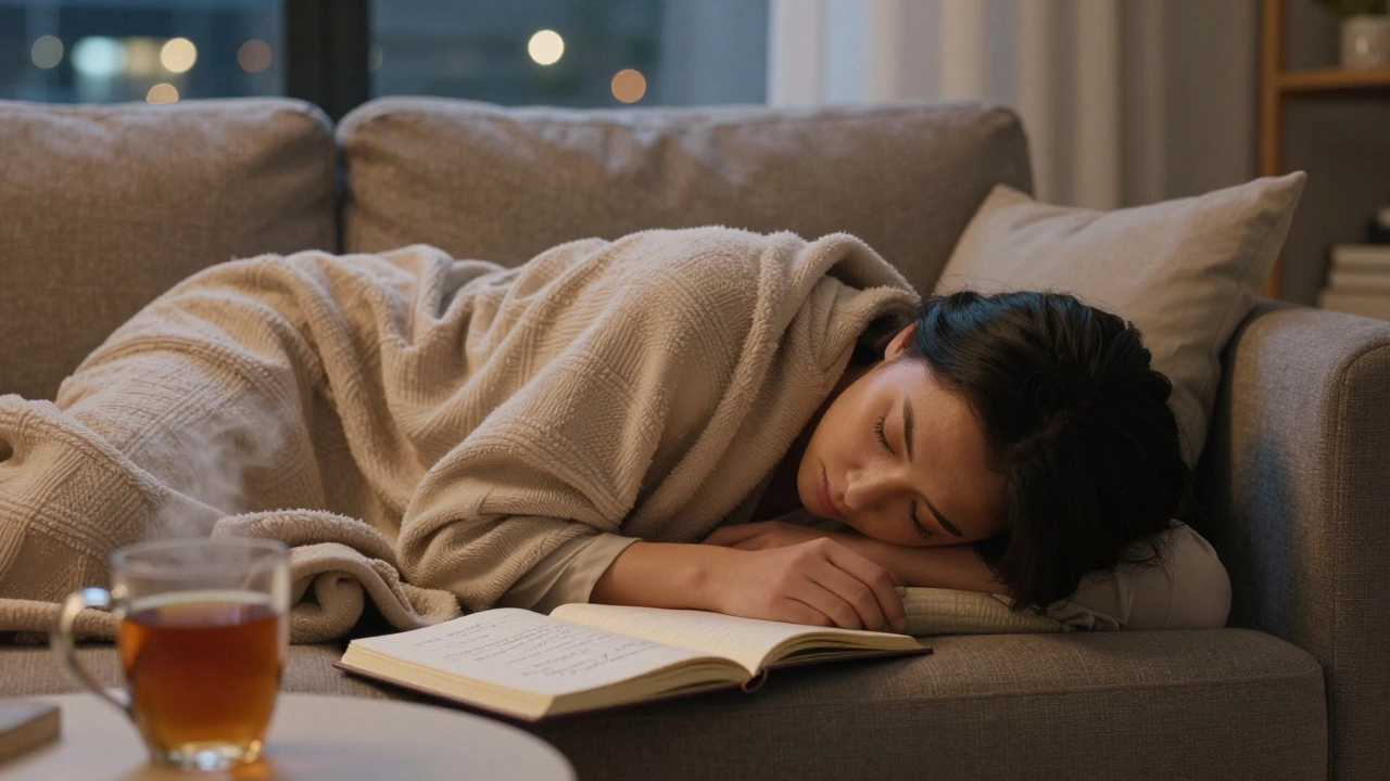 A person resting on a sofa after a session, wrapped in a blanket, with a journal and tea nearby in soft lighting.