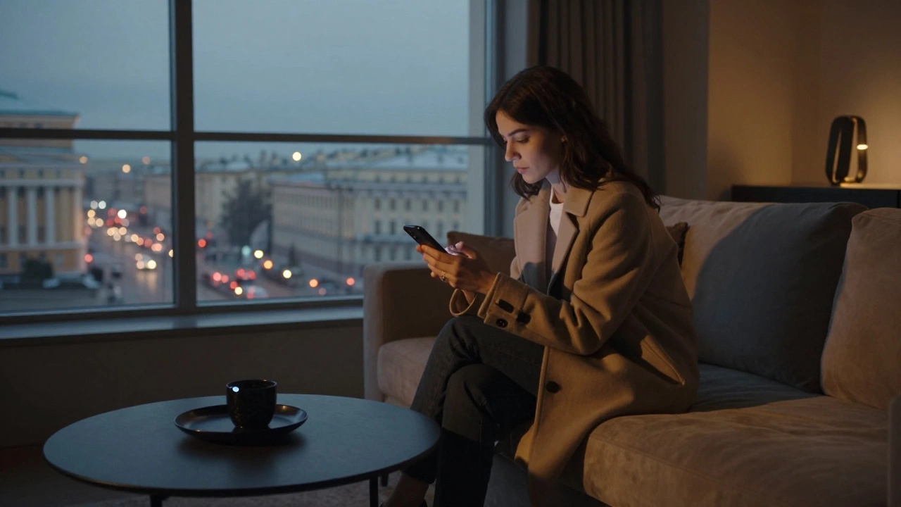 A woman in a tailored coat in a Saint Petersburg apartment, smartphone glowing softly on the table.
