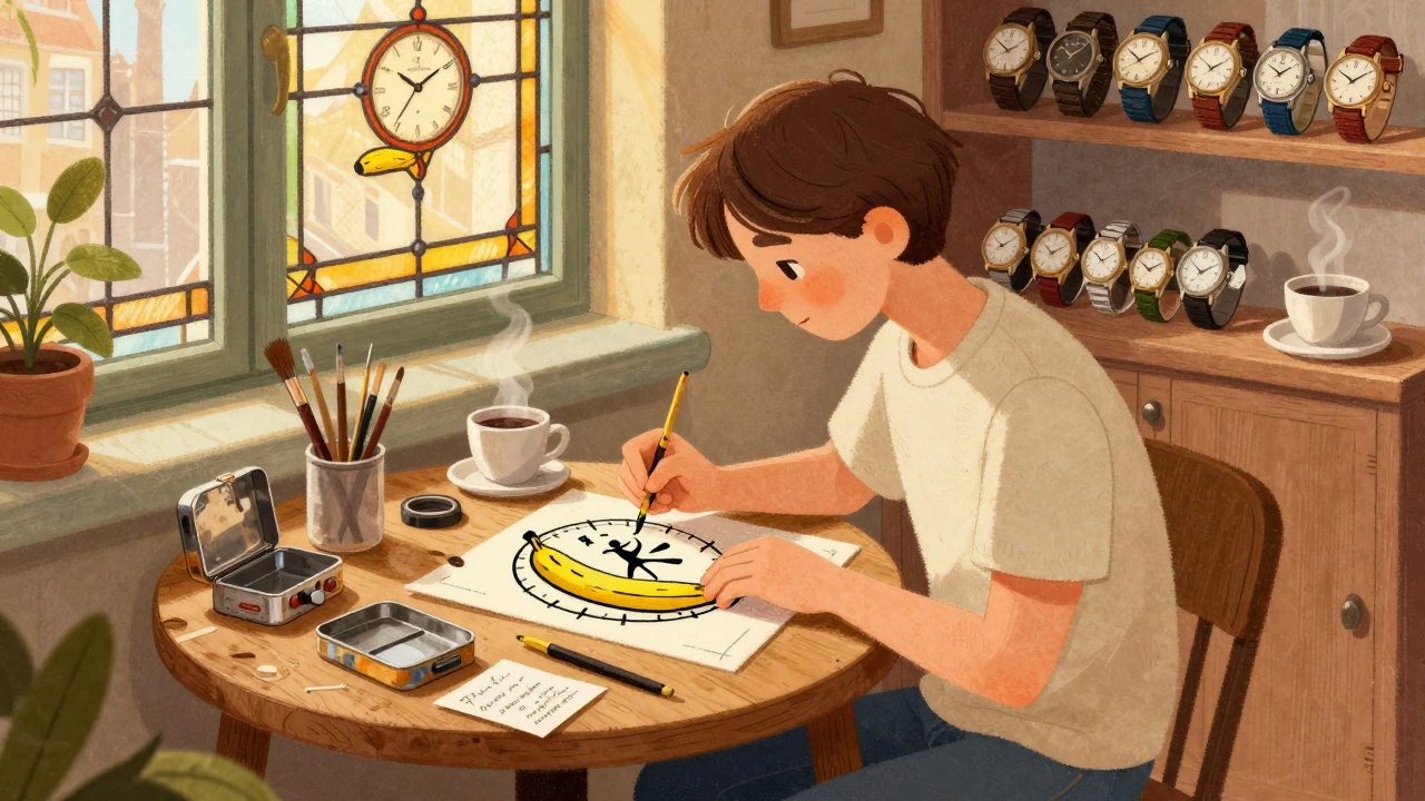 An artist painting a whimsical watch dial with a banana face in a cozy Lille workshop.