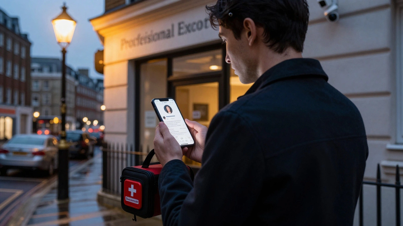 Someone checking a verified profile on their phone outside a London agency at dusk, holding a small safety kit.