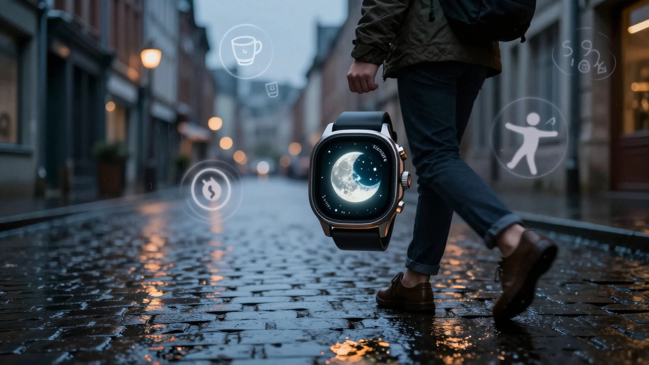 Someone walking in the rain with a glowing watch, abstract joyful symbols floating around them.